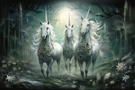 Majestic unicorns with shimmering silver horns - Generative AIの素材