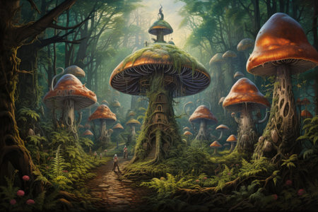 Giant talking mushrooms offering cryptic advice in dense forest groves - Generative AIの素材