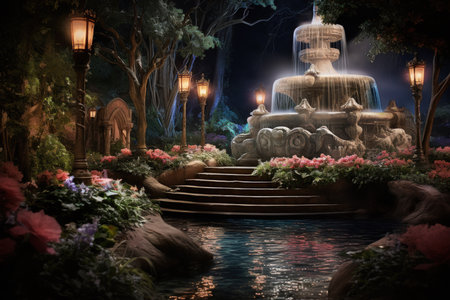 Enchanted song fountains, harmonizing with natures melodies and creating enchanting displays - Generative AIの素材
