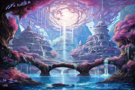 Harmonious waterfalls of glowing crystals, cascading with soothing melodies - Generative AIの素材