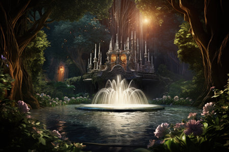 Enchanted song fountains, harmonizing with natures melodies and creating enchanting displays - Generative AIの素材
