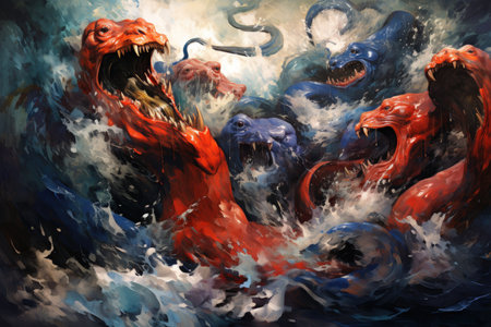Gigantic sea serpents slithering through treacherous waters - Generative AIの素材