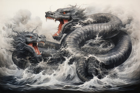 Gigantic sea serpents slithering through treacherous waters - Generative AIの素材