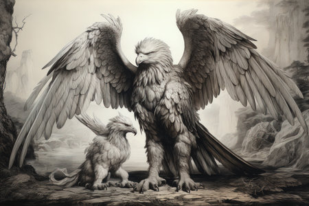 Loyal griffins, majestic creatures with the body of a lion and the wings of an eagle - Generative AIの素材