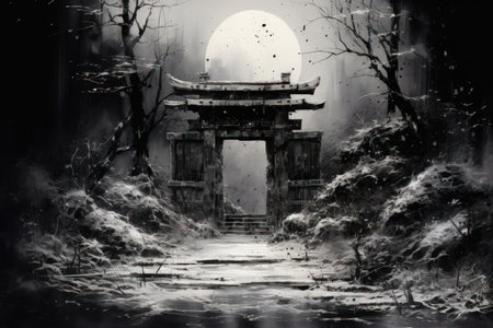 Enigmatic shadow gates, portals to realms shrouded in darkness and mystery - Generative AIの素材