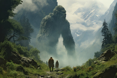 Gargantuan giants roaming the mountains - Generative AIの素材
