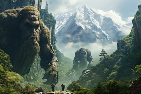 Gargantuan giants roaming the mountains - Generative AIの素材