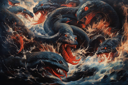 Gigantic sea serpents slithering through treacherous waters - Generative AIの素材