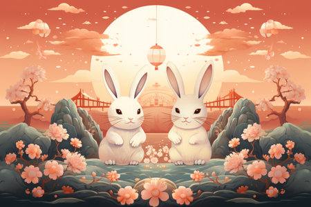 Playful moon rabbits, bestowing luck and fortune to those who encounter them - Generative AIの写真素材