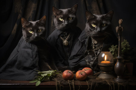 Scheming witches familiars, such as cunning black cats - Generative AIの素材