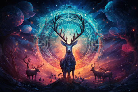 Radiant celestial stags, guiding lost souls through the astral planes - Generative AIの写真素材