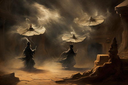 Whirling sandstorm djinns, granting three wishes to those who find their lamp - Generative AIの写真素材
