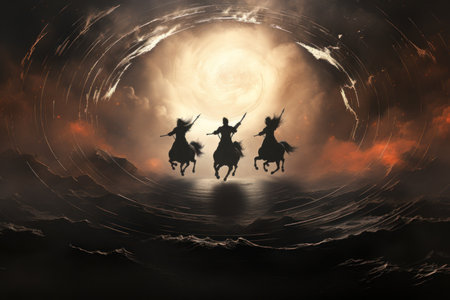 Whirling cyclone riders, harnessing the power of storms atop their magical steeds - Generative AIの写真素材