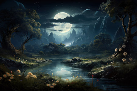 Serene Moonlit Meadows - Generative AIの写真素材