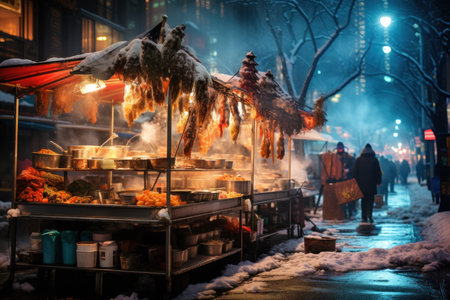Winter Street Photography: Capture the essence of daily life in urban areas during the winter, including street vendors and pedestrians. - Generative AIの素材