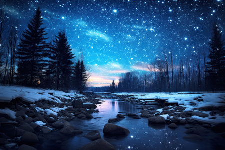 Starry Winter Nights: Long-exposure shots of the night sky in winter, highlighting stars, constellations, and the Milky Way. - Generative AIの素材