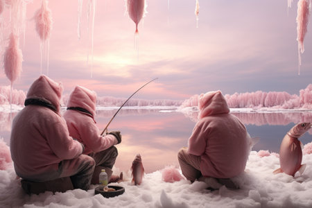 Ice Fishing: Photograph ice fishermen patiently waiting for their catch on frozen lakes. - Generative AIの素材