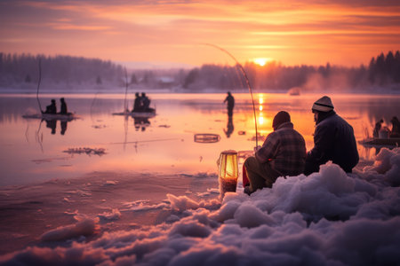 Ice Fishing: Photograph ice fishermen patiently waiting for their catch on frozen lakes. - Generative AIの素材