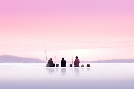 Ice Fishing: Photograph ice fishermen patiently waiting for their catch on frozen lakes. - Generative AIの素材