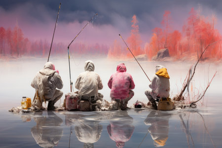 Ice Fishing: Photograph ice fishermen patiently waiting for their catch on frozen lakes. - Generative AIの素材