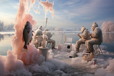 Ice Fishing: Photograph ice fishermen patiently waiting for their catch on frozen lakes. - Generative AIの素材