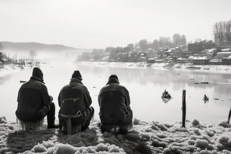 Ice Fishing: Photograph ice fishermen patiently waiting for their catch on frozen lakes. - Generative AIの素材