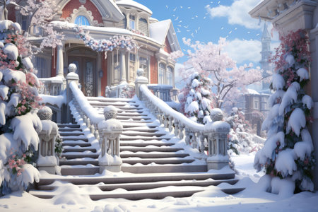Snowy Staircases: Showcase the architectural beauty of snow-covered stairs, especially in historic areas. - Generative AIの素材