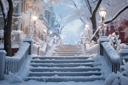 Snowy Staircases: Showcase the architectural beauty of snow-covered stairs, especially in historic areas. - Generative AIの素材