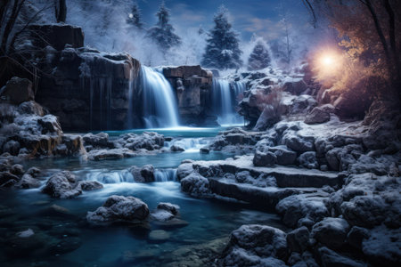 Frozen Waterfalls at Night - Generative AIの素材