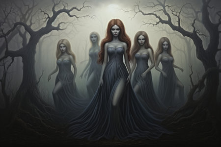 Hauntingly beautiful banshee sirens, with voices that can both enchant and bewitch - Generative AIの素材