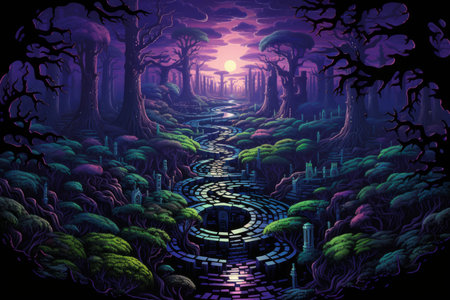 Enchanted forest labyrinths, twisting and turning with magical illusions - Generative AIの素材