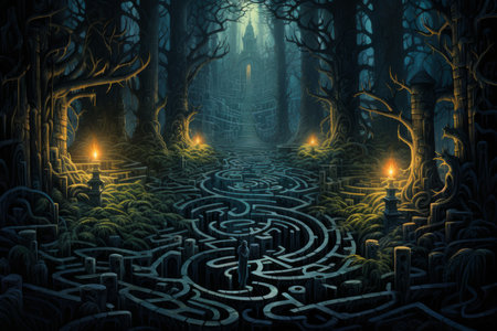 Enchanted forest labyrinths, twisting and turning with magical illusions - Generative AIの素材