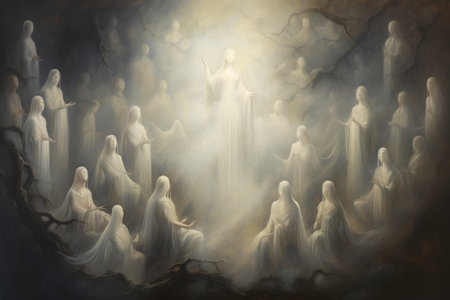 Harmonious spirit choirs, filling the air with ethereal melodies and celestial harmonies - Generative AIの素材