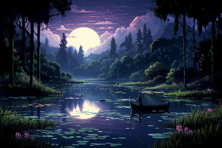 Tranquil moonlit ponds, reflecting the serenity of the night sky - Generative AIの素材