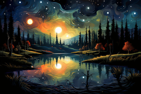 Tranquil moonlit ponds, reflecting the serenity of the night sky - Generative AIの素材