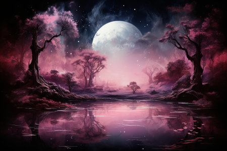 Tranquil moonlit ponds, reflecting the serenity of the night sky - Generative AIの素材