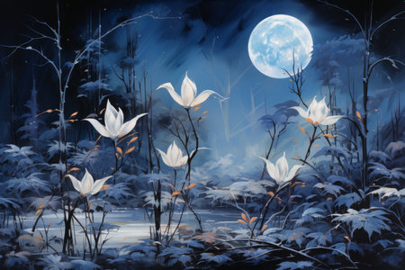 Ethereal moonflower blooms, releasing fragrant scents and glowing softly in the darkness - Generative AIの素材