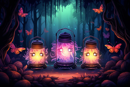 Mystical firefly lanterns, guiding lost souls through the depths of the enchanted forest - Generative AIの素材