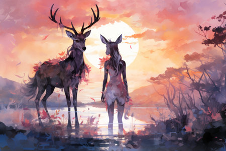 Elusive twilight fauns, guardians of the boundary between day and night - Generative AIの素材