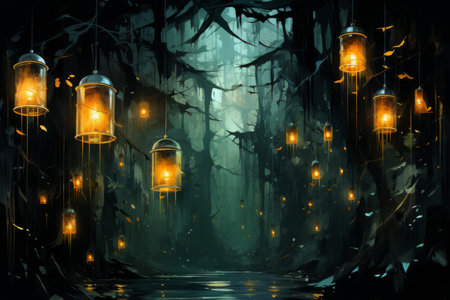 Mystical firefly lanterns, guiding lost souls through the depths of the enchanted forest - Generative AIの素材