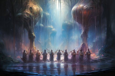 Harmonious merfolk choirs, captivating listeners with their enchanting underwater melodies - Generative AIの素材