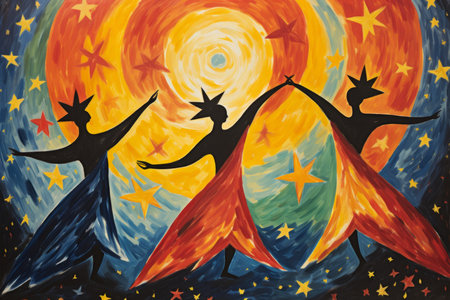 Whirling celestial dancers, adorned with starry costumes, performing celestial ballet - Generative AIの素材