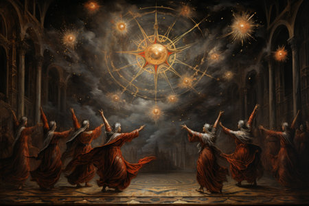 Whirling celestial dancers, adorned with starry costumes, performing celestial ballet - Generative AIの素材