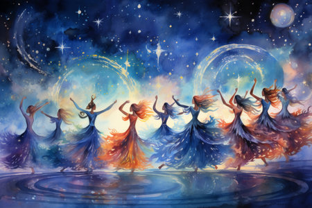 Whirling celestial dancers, adorned with starry costumes, performing celestial ballet - Generative AIの素材
