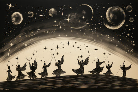 Whirling celestial dancers, adorned with starry costumes, performing celestial ballet - Generative AIの素材