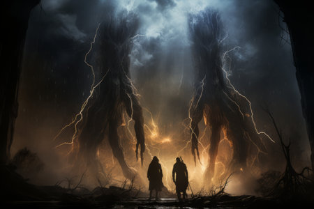 Ferocious thunderstorm giants, summoning lightning and thunder with their mighty presence - Generative AIの素材