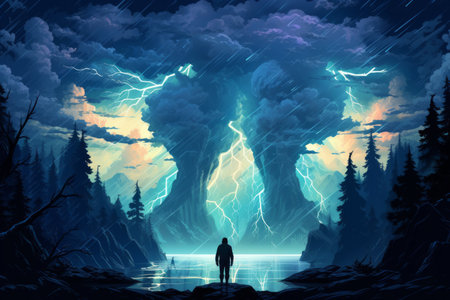 Ferocious thunderstorm giants, summoning lightning and thunder with their mighty presence - Generative AIの素材