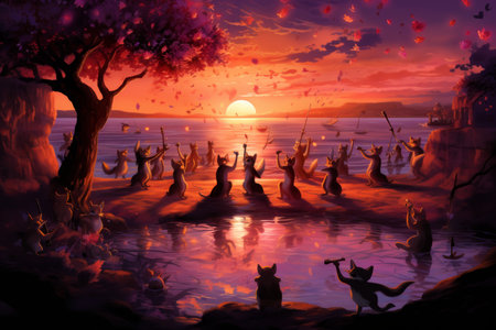 Playful twilight foxes, dancing under the fading light of the setting sun - Generative AIの素材