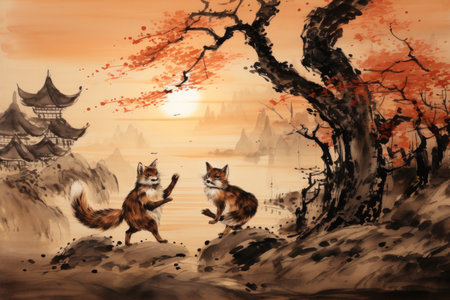 Playful twilight foxes, dancing under the fading light of the setting sun - Generative AIの素材
