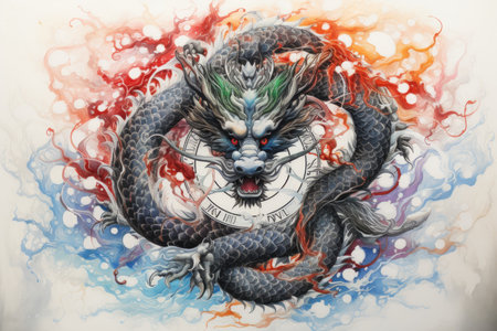 Whirling kaleidoscope dragons, casting mesmerizing patterns with their scales - Generative AIの素材